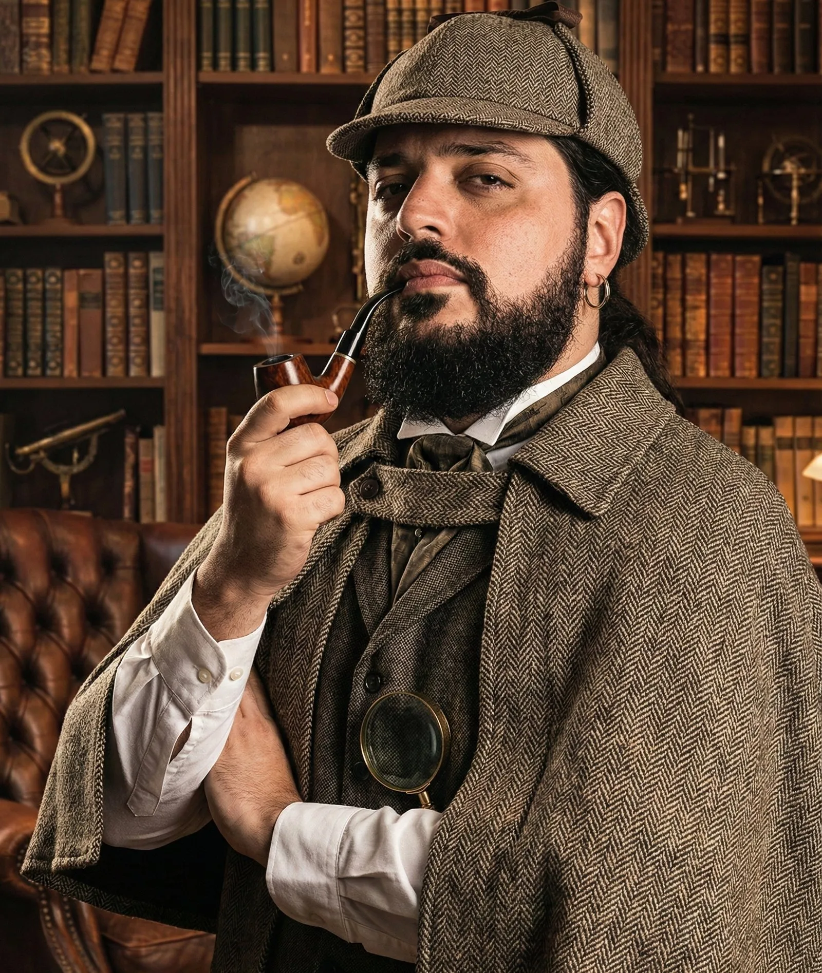 Carito caracterizado de detetive vitoriano, com chapéu de caça, cachimbo e lupa, numa biblioteca
